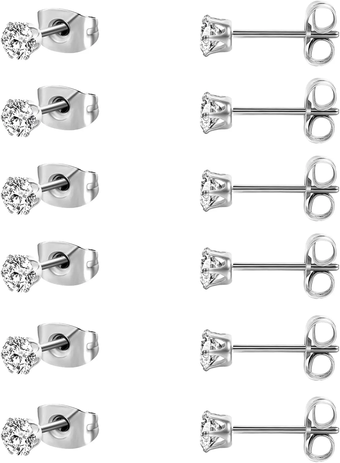 MDFUN 6 Pairs Stud Earrings Sets 3-8MM 18K Gold Plated Round 5A  Cubic Zirconia Earrings Hypoallergenic CZ 6 Prong Ears Jewelry for Women