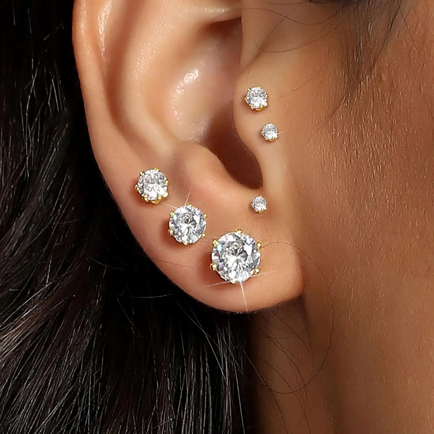MDFUN 6 Pairs Stud Earrings Sets 3-8MM 18K Gold Plated Round 5A  Cubic Zirconia Earrings Hypoallergenic CZ 6 Prong Ears Jewelry for Women