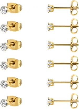 MDFUN 6 Pairs Stud Earrings Sets 3-8MM 18K Gold Plated Round 5A  Cubic Zirconia Earrings Hypoallergenic CZ 6 Prong Ears Jewelry for Women