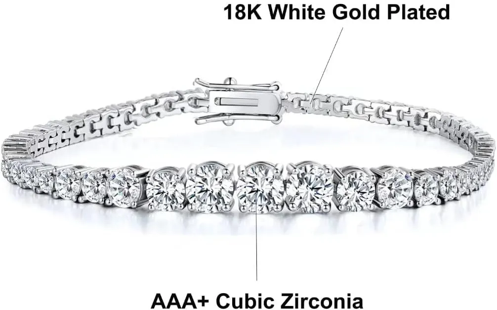 MDFUN Cubic Zirconia Tennis Bracelet for Women Men 18K White Gold Plated | Graduated CZ Bracelet | Size 6-9 inches