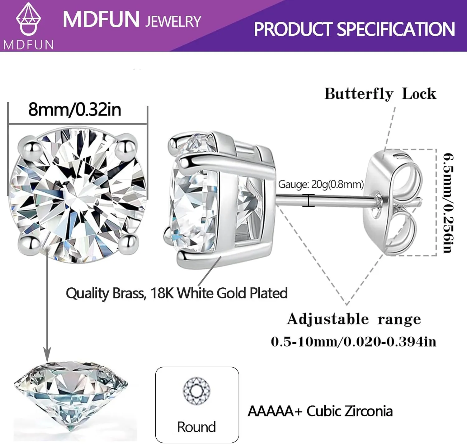 MDFUN Stud Earrings Set for Women Men 18K White Gold Plated 4 Prong Graduated Round Clear Cubic Zirconia 3-8mm