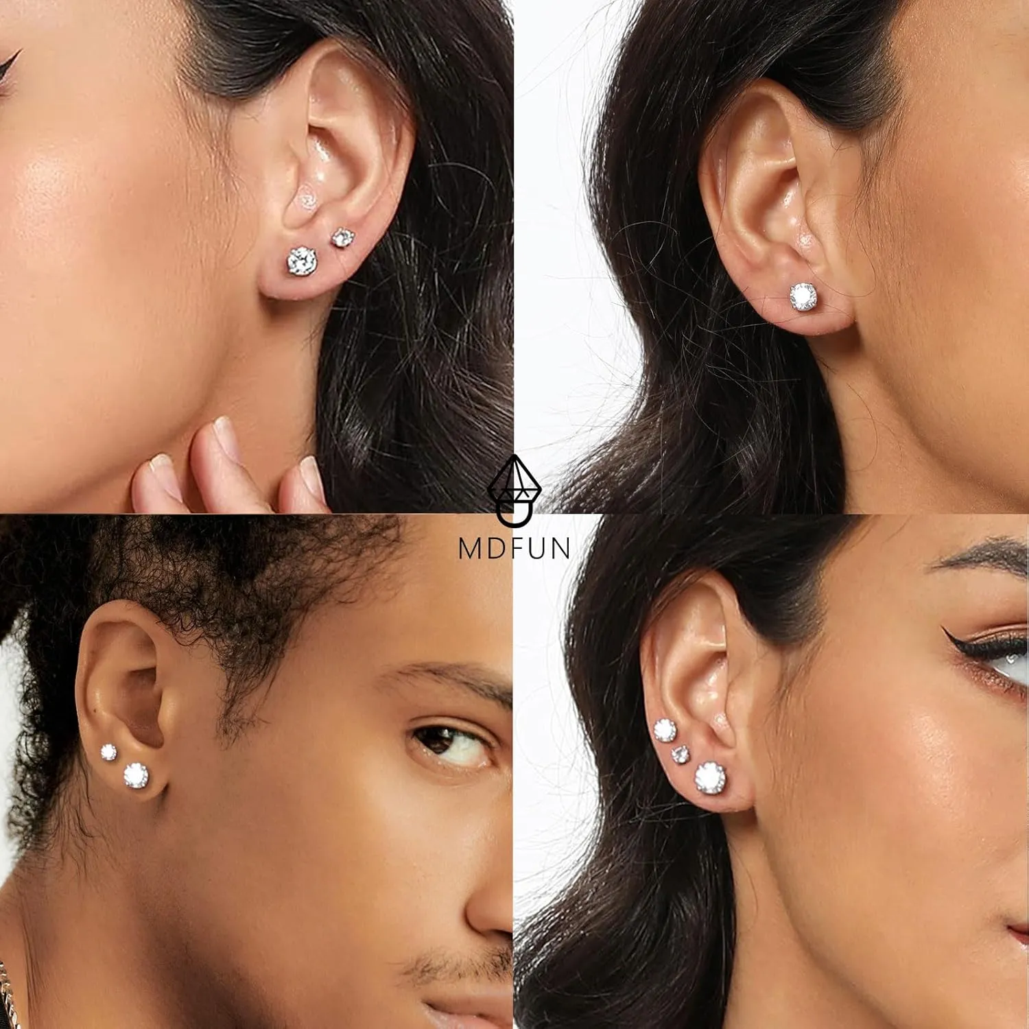 MDFUN Stud Earrings Set for Women Men 18K White Gold Plated 4 Prong Graduated Round Clear Cubic Zirconia 3-8mm