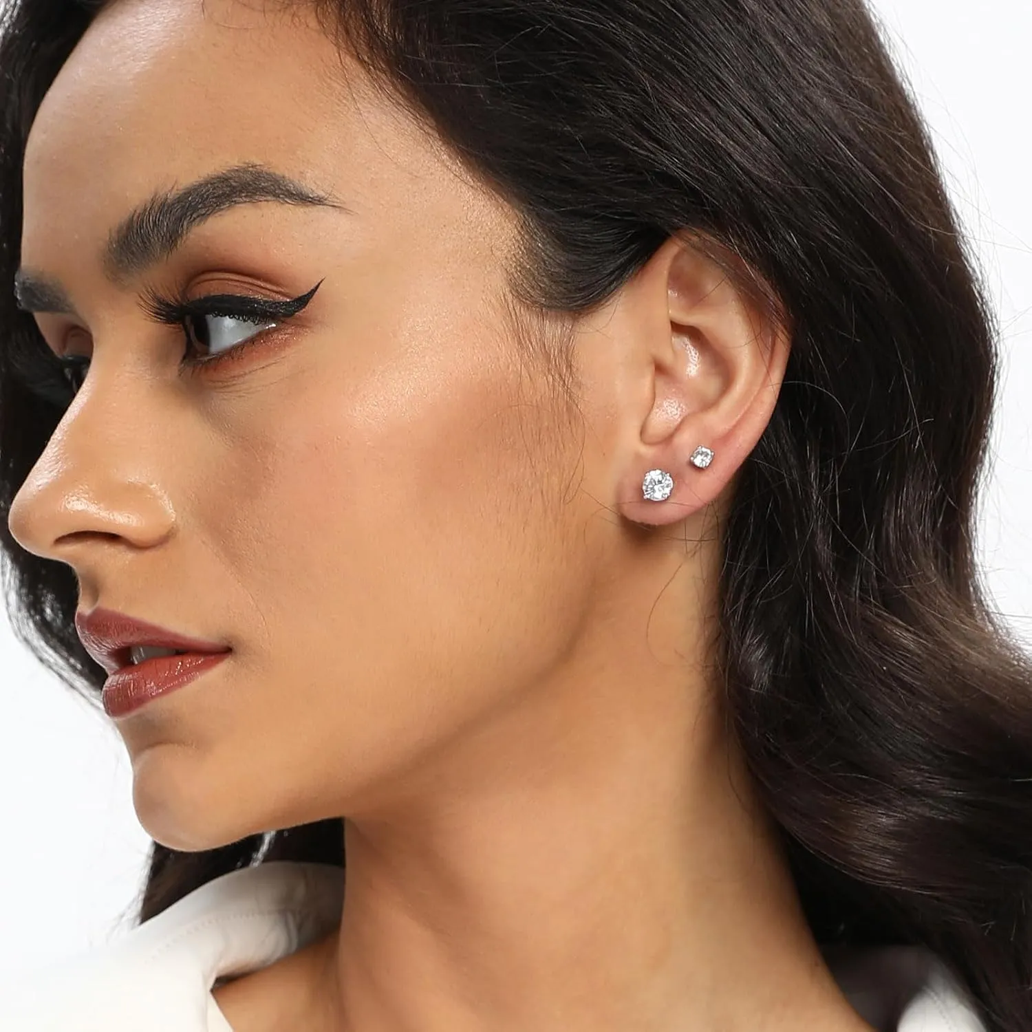 MDFUN Stud Earrings Set for Women Men 18K White Gold Plated 4 Prong Graduated Round Clear Cubic Zirconia 3-8mm