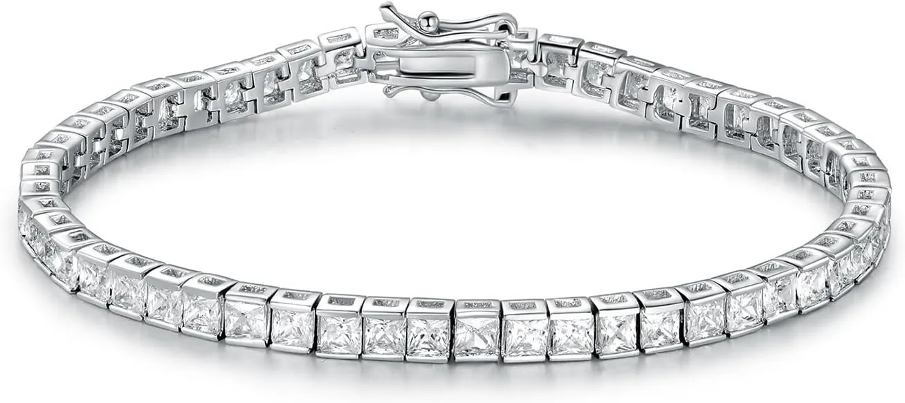 MDFUN Tennis Bracelet for Women and Men 3mm Square Cubic Zirconias 18K White Gold Plated Size 7.5 inches