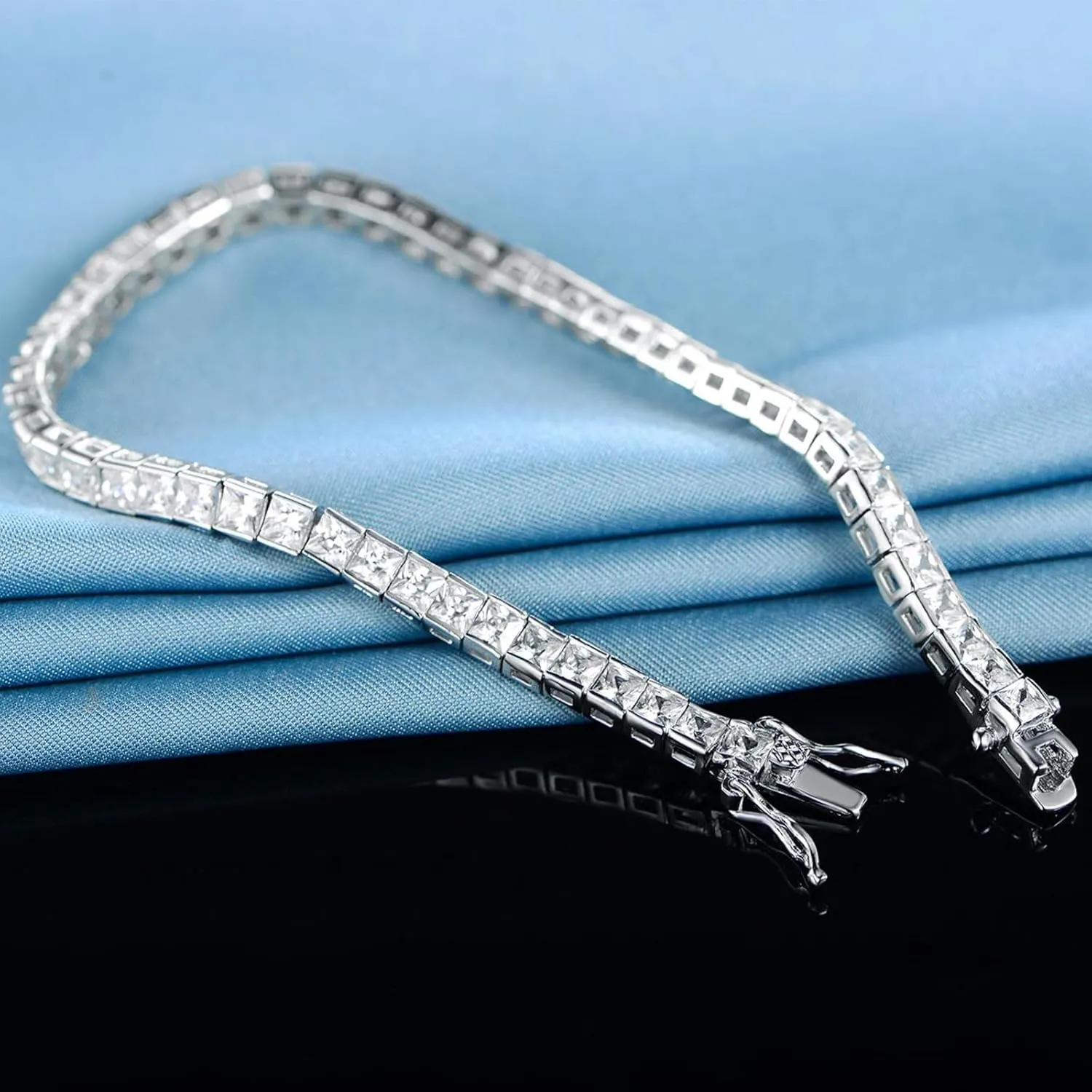 MDFUN Tennis Bracelet for Women and Men 3mm Square Cubic Zirconias 18K White Gold Plated Size 7.5 inches