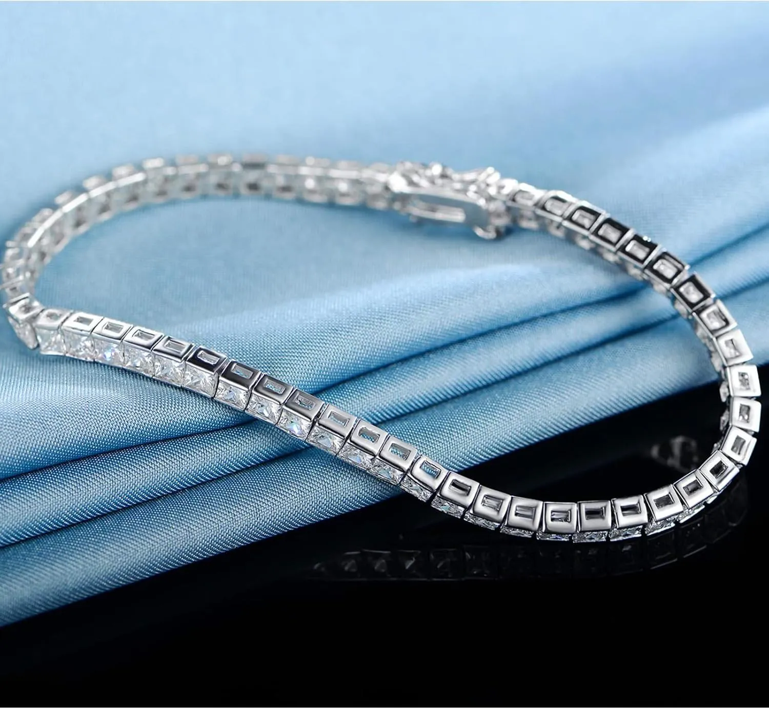 MDFUN Tennis Bracelet for Women and Men 3mm Square Cubic Zirconias 18K White Gold Plated Size 7.5 inches