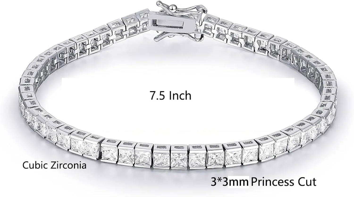 MDFUN Tennis Bracelet for Women and Men 3mm Square Cubic Zirconias 18K White Gold Plated Size 7.5 inches