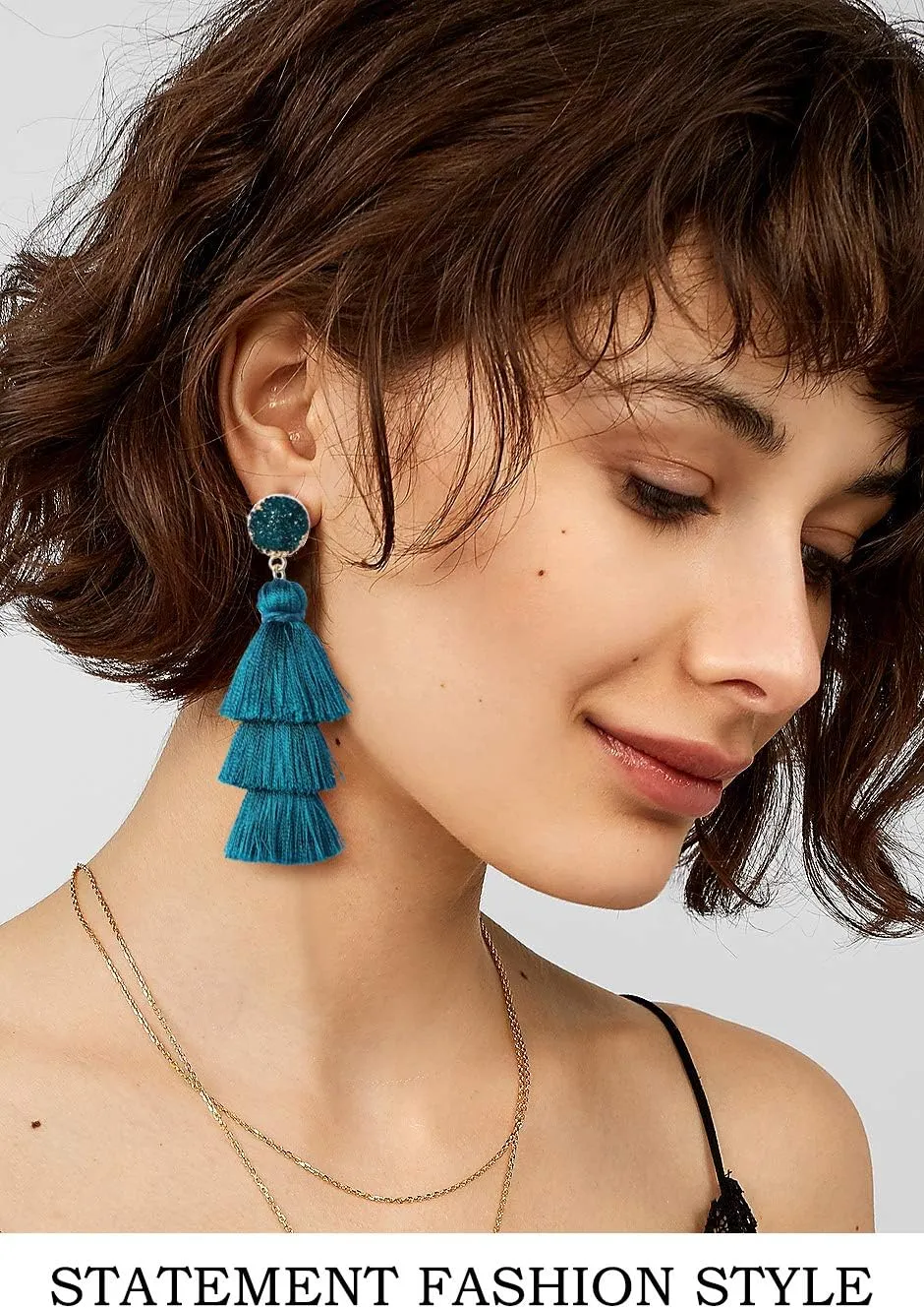 Me&Hz Colorful Layered Tassel Earrings Bohemian Statement Tiered Tassel Big Dangle Drop Earrings for Women Druzy Studs Christmas Mother's Day Gift