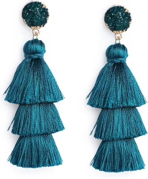Me&Hz Colorful Layered Tassel Earrings Bohemian Statement Tiered Tassel Big Dangle Drop Earrings for Women Druzy Studs Christmas Mother's Day Gift