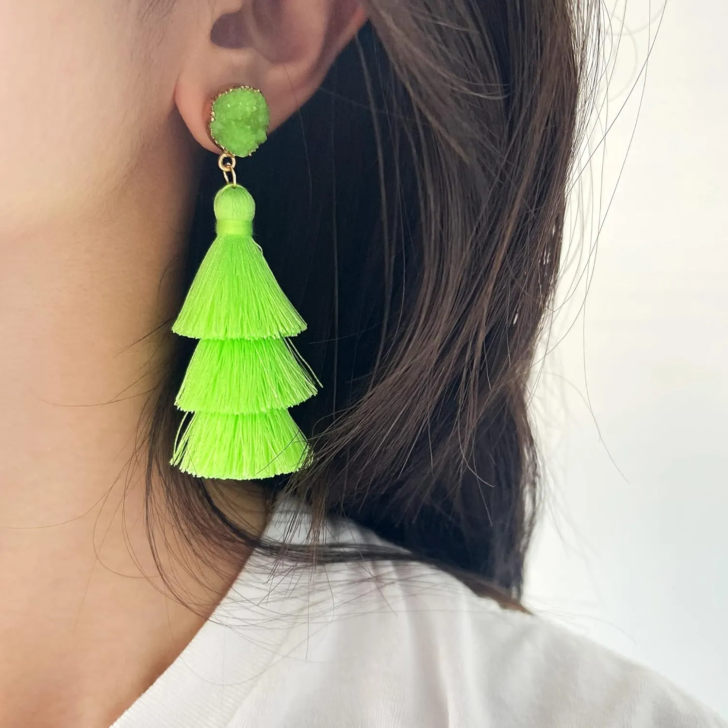 Me&Hz Colorful Layered Tassel Earrings Bohemian Statement Tiered Tassel Big Dangle Drop Earrings for Women Druzy Studs Christmas Mother's Day Gift