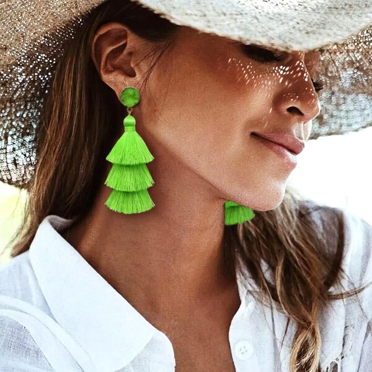 Me&Hz Colorful Layered Tassel Earrings Bohemian Statement Tiered Tassel Big Dangle Drop Earrings for Women Druzy Studs Christmas Mother's Day Gift