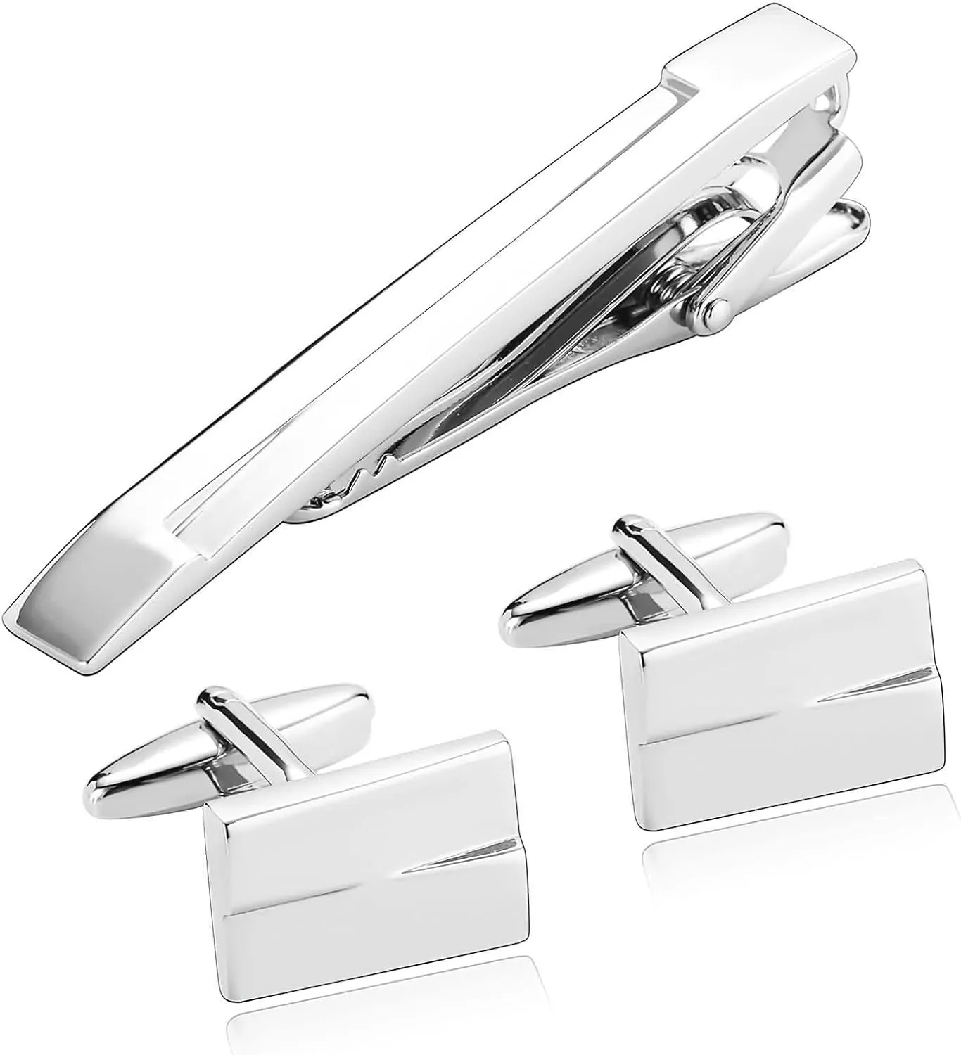 Men Cufflinks and Tie Clip Set, Tuxedo Cufflinks for Men Set Neck Tie Clips for Men Rectangle Silver Stainless Steel