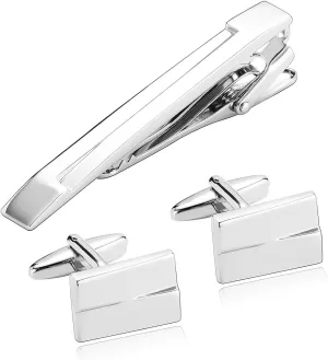 Men Cufflinks and Tie Clip Set, Tuxedo Cufflinks for Men Set Neck Tie Clips for Men Rectangle Silver Stainless Steel