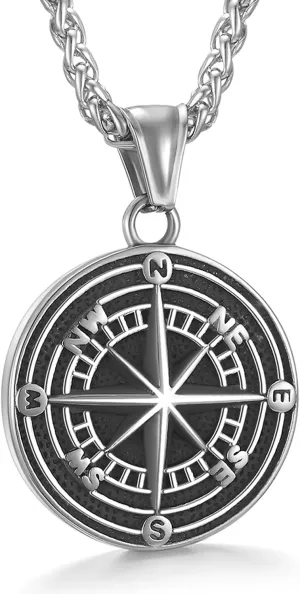 Men's Compass Pendant Necklace, Stainless Steel Compass Circle Vintage Coin Necklace Navigator Forged for Male Talisman Travel Jewelry, Inspirational Graduation Gifts Jewelry Gifts for Friends (Gifts Box)