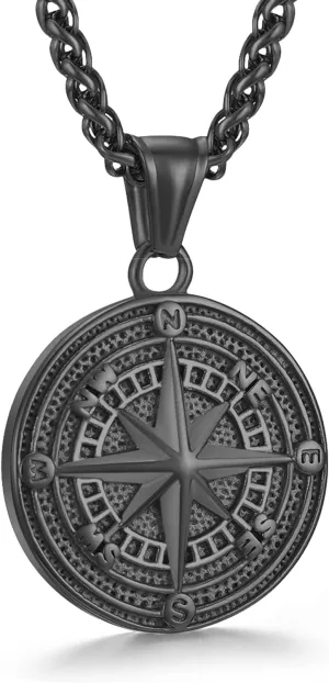 Men's Compass Pendant Necklace, Stainless Steel Compass Circle Vintage Coin Necklace Navigator Forged for Male Talisman Travel Jewelry, Inspirational Graduation Gifts Jewelry Gifts for Friends (Gifts Box)