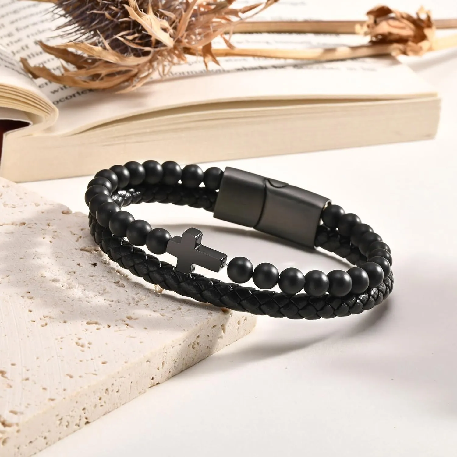 Mens Cross Bead Braided Genuine Leather Bracelet, Black Gemstone Agate Onyx Beaded Rosary Obsidian Bangle, Faith Religious Easter Catholic Christian Communion Baptism Christmas Jewelry Gift for Men