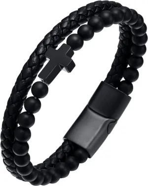 Mens Cross Bead Braided Genuine Leather Bracelet, Black Gemstone Agate Onyx Beaded Rosary Obsidian Bangle, Faith Religious Easter Catholic Christian Communion Baptism Christmas Jewelry Gift for Men