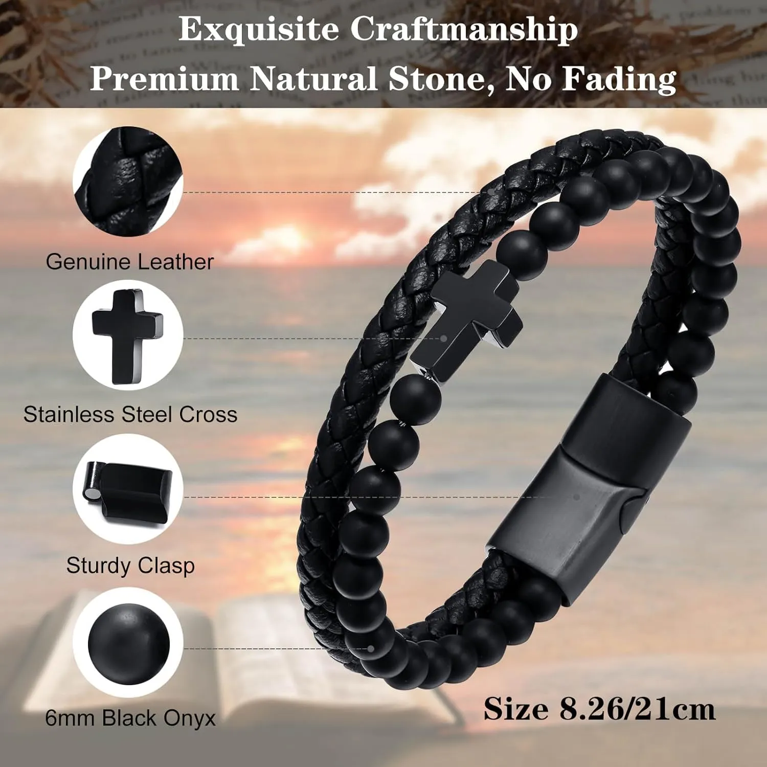 Mens Cross Bead Braided Genuine Leather Bracelet, Black Gemstone Agate Onyx Beaded Rosary Obsidian Bangle, Faith Religious Easter Catholic Christian Communion Baptism Christmas Jewelry Gift for Men
