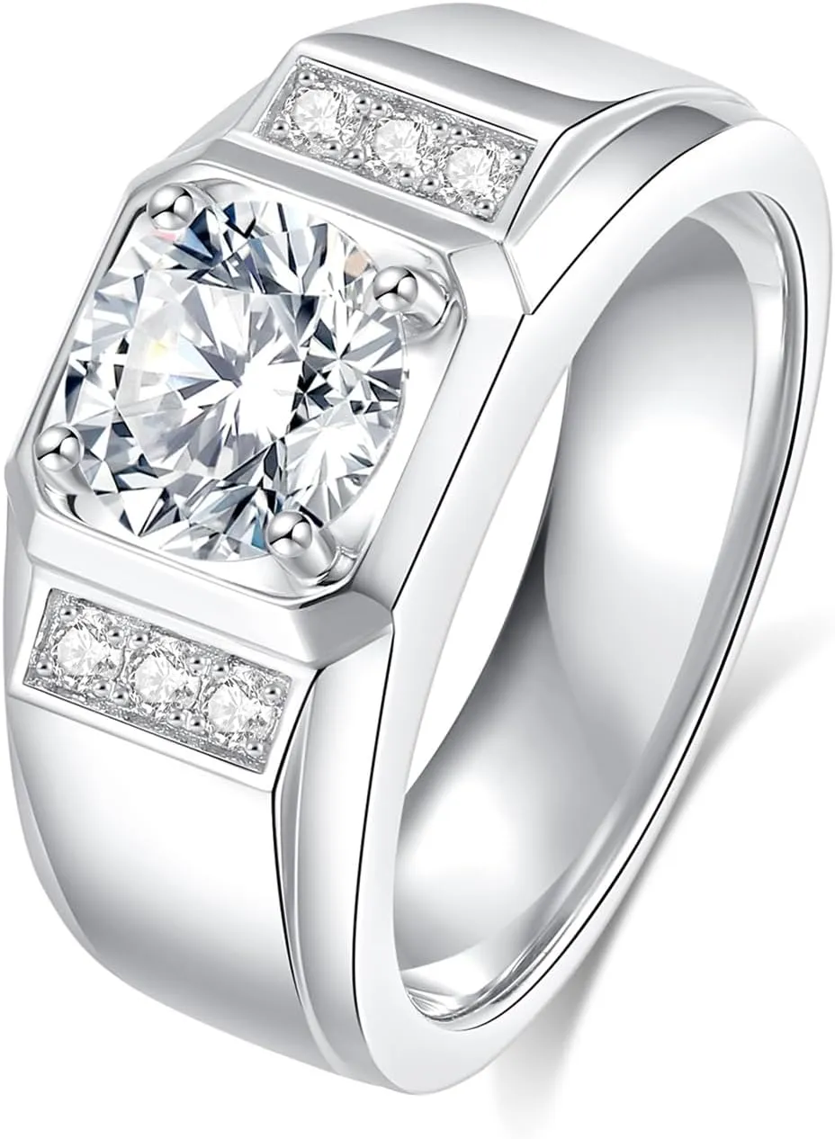 Mens Moissanite Wedding Bands, D Color VVS1 Moissanite Sterling Silver Plated 18K White Gold,Round Wedding Anniversary Band Ring for Mens Gift