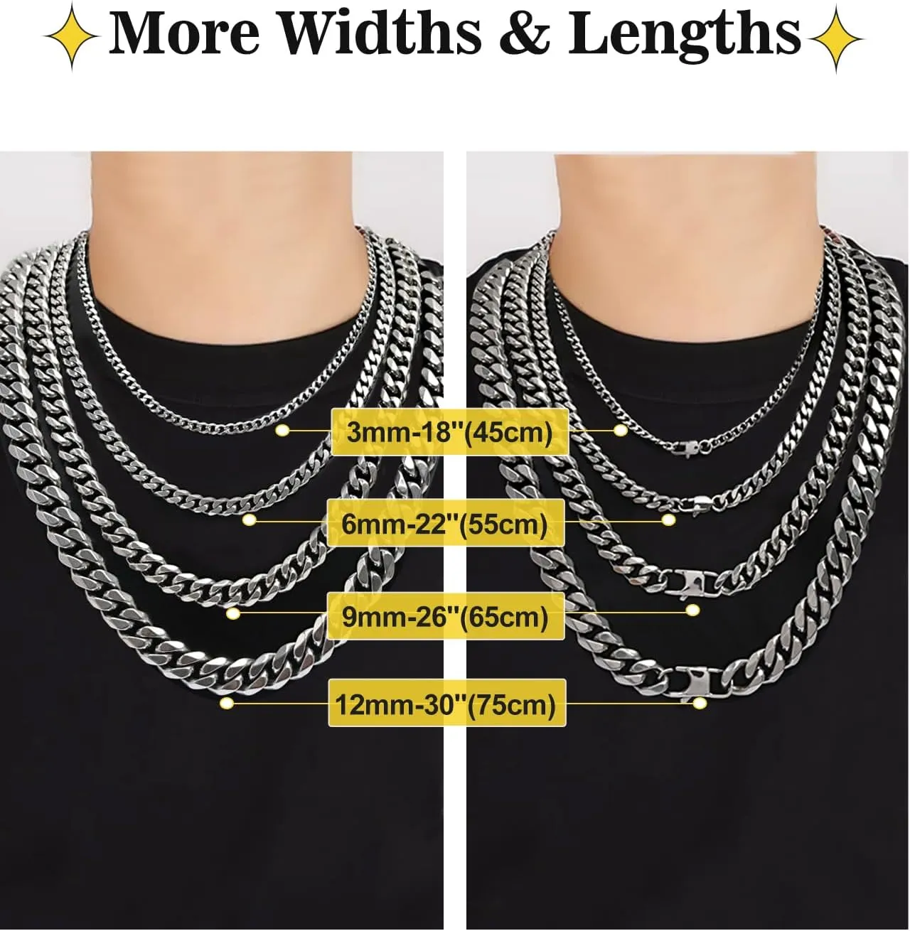 Mens Neckalce Cuban Link Chain for Men Stainless Steel, Thin/Chunky 3/6/9/12mm Width 18" 20" 22" 24" 26" 28" 30" Length, Hip Hop Punk Young Ado Fine Polished Lobster Clasp