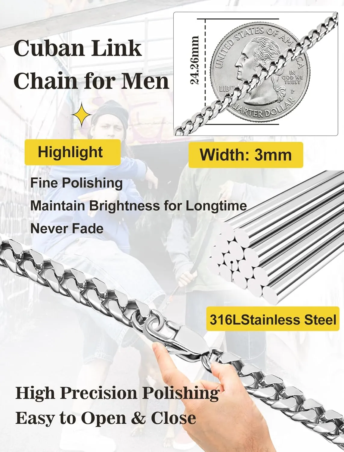 Mens Neckalce Cuban Link Chain for Men Stainless Steel, Thin/Chunky 3/6/9/12mm Width 18" 20" 22" 24" 26" 28" 30" Length, Hip Hop Punk Young Ado Fine Polished Lobster Clasp