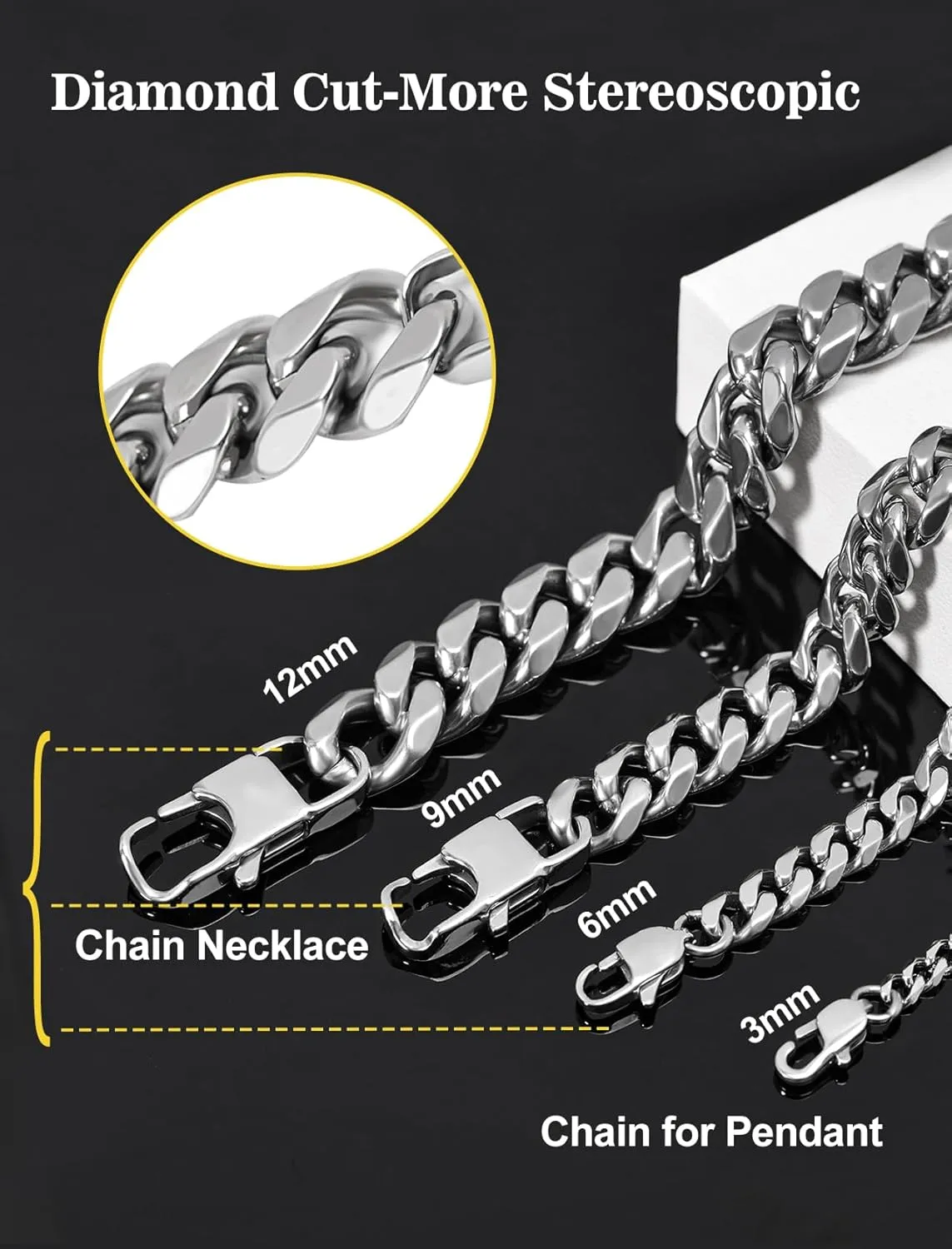 Mens Neckalce Cuban Link Chain for Men Stainless Steel, Thin/Chunky 3/6/9/12mm Width 18" 20" 22" 24" 26" 28" 30" Length, Hip Hop Punk Young Ado Fine Polished Lobster Clasp