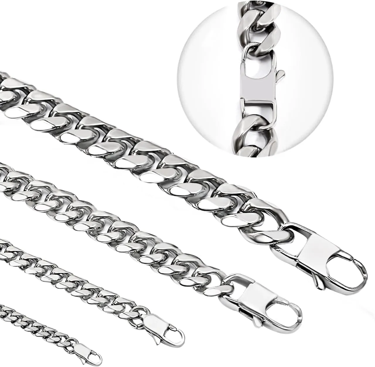 Mens Neckalce Cuban Link Chain for Men Stainless Steel, Thin/Chunky 3/6/9/12mm Width 18" 20" 22" 24" 26" 28" 30" Length, Hip Hop Punk Young Ado Fine Polished Lobster Clasp