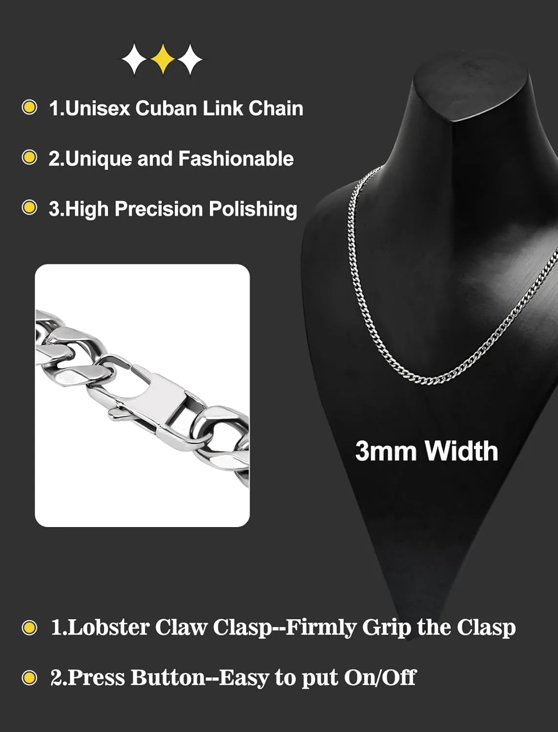 Mens Neckalce Cuban Link Chain for Men Stainless Steel, Thin/Chunky 3/6/9/12mm Width 18" 20" 22" 24" 26" 28" 30" Length, Hip Hop Punk Young Ado Fine Polished Lobster Clasp