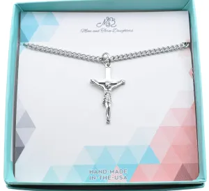 Mens Necklace Crucifix Pendant in Sterling Silver on a 22 Inch Stainless Steel Chain, Religious Necklace for Men, Mens Silver Cross Necklace, Handmade Jewelry, Gift for Men. Religious Jewelry for Men
