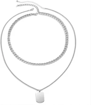 Mens Silver Chain, Silver Tone Cuban Link Chain Layered Stainless Steel Chain Necklace, Silver Necklace Chain17-20 inch for Men Boys Women