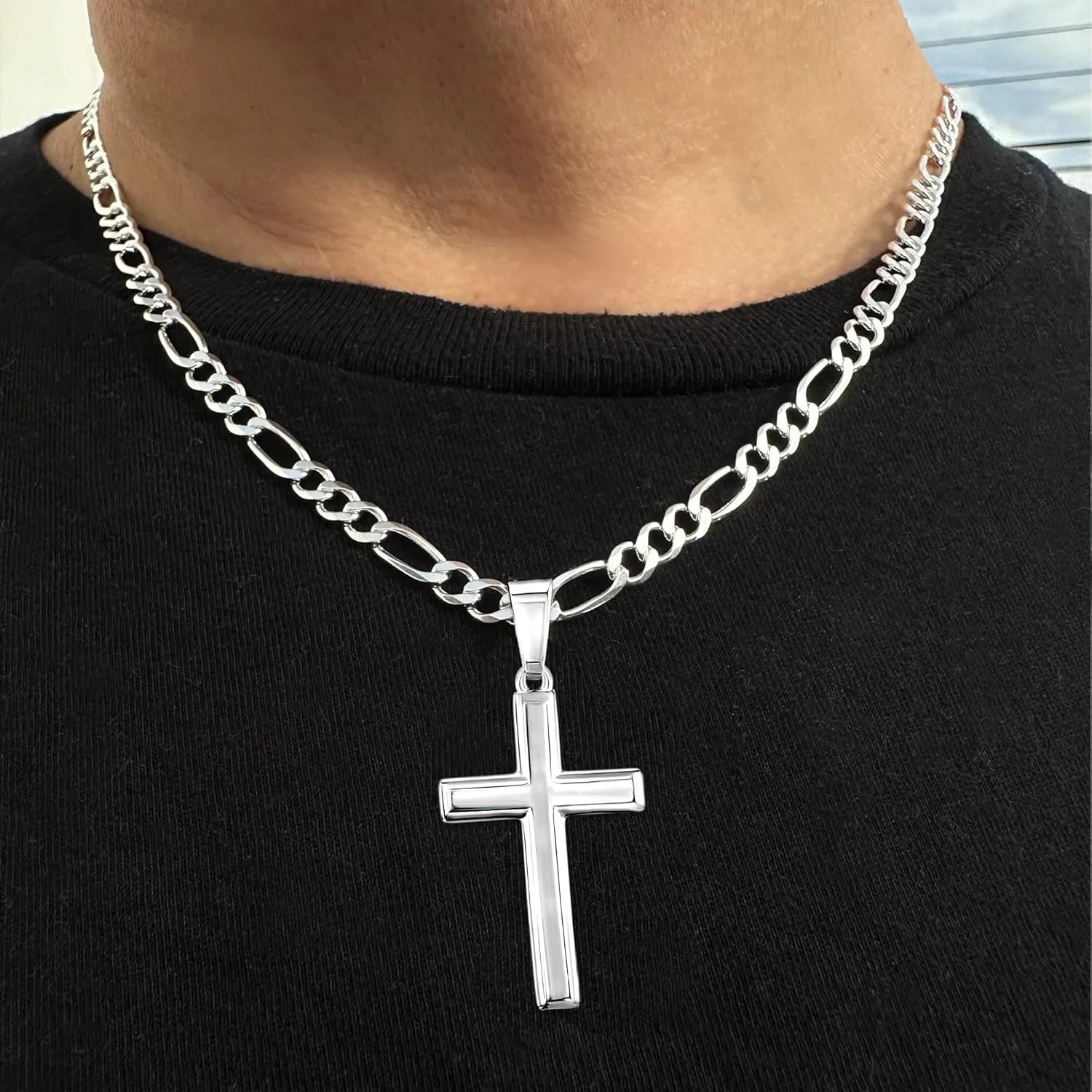 Mens Sterling Silver Traditional Cross Pendant with Italian Figaro Chain Necklace