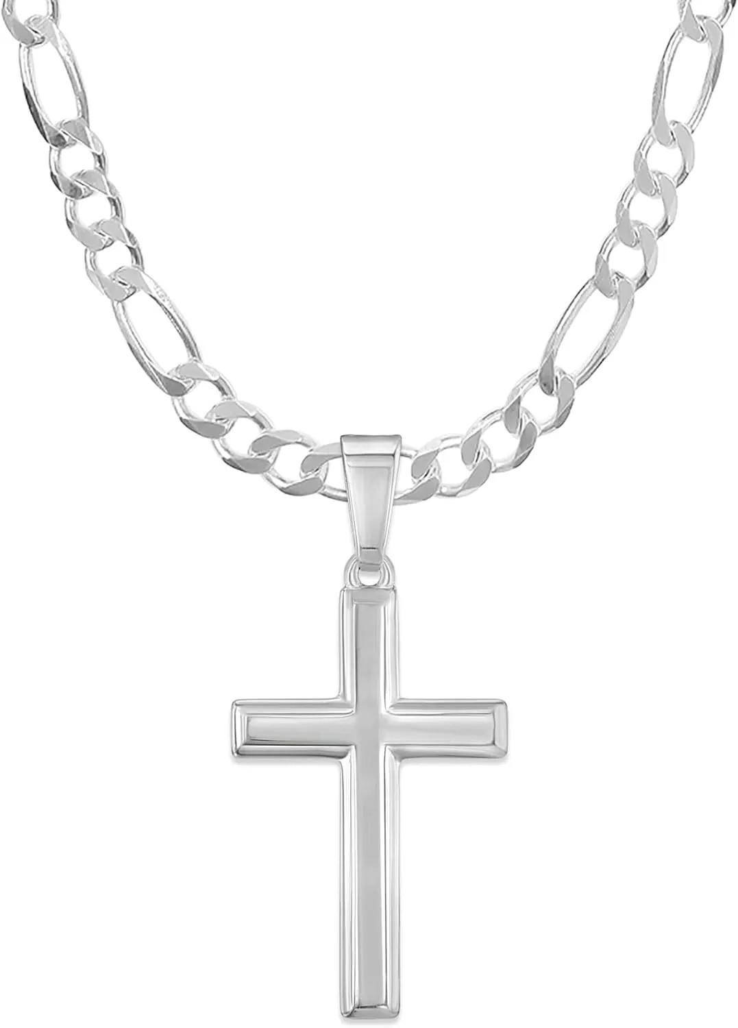 Mens Sterling Silver Traditional Cross Pendant with Italian Figaro Chain Necklace