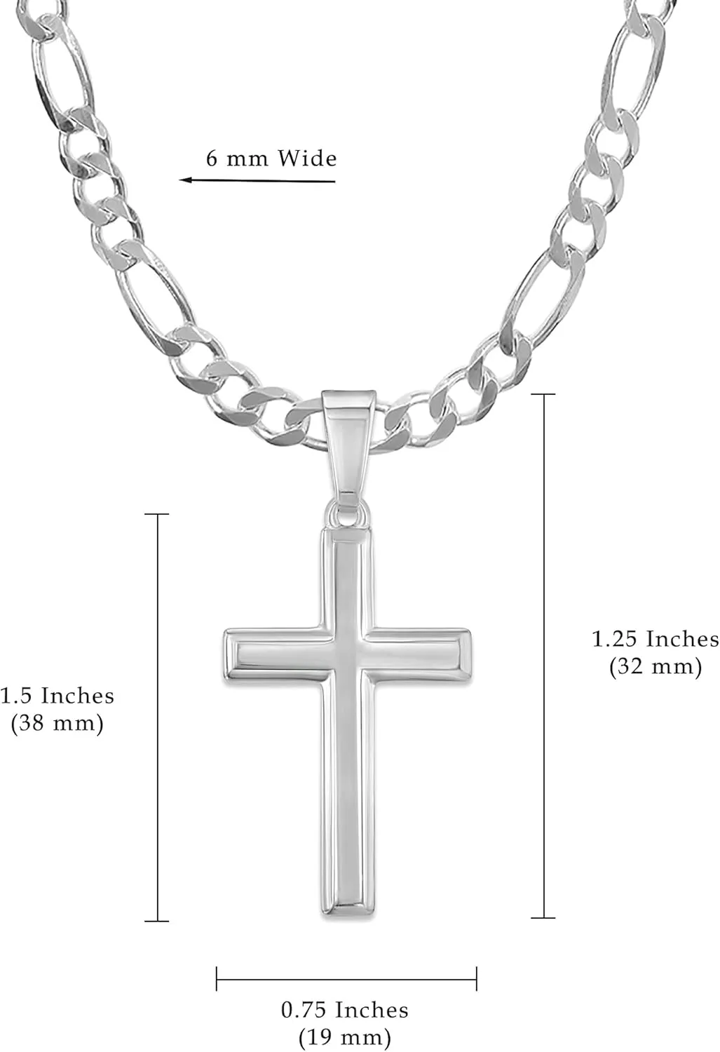 Mens Sterling Silver Traditional Cross Pendant with Italian Figaro Chain Necklace