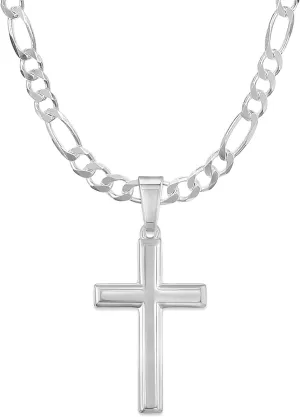 Mens Sterling Silver Traditional Cross Pendant with Italian Figaro Chain Necklace