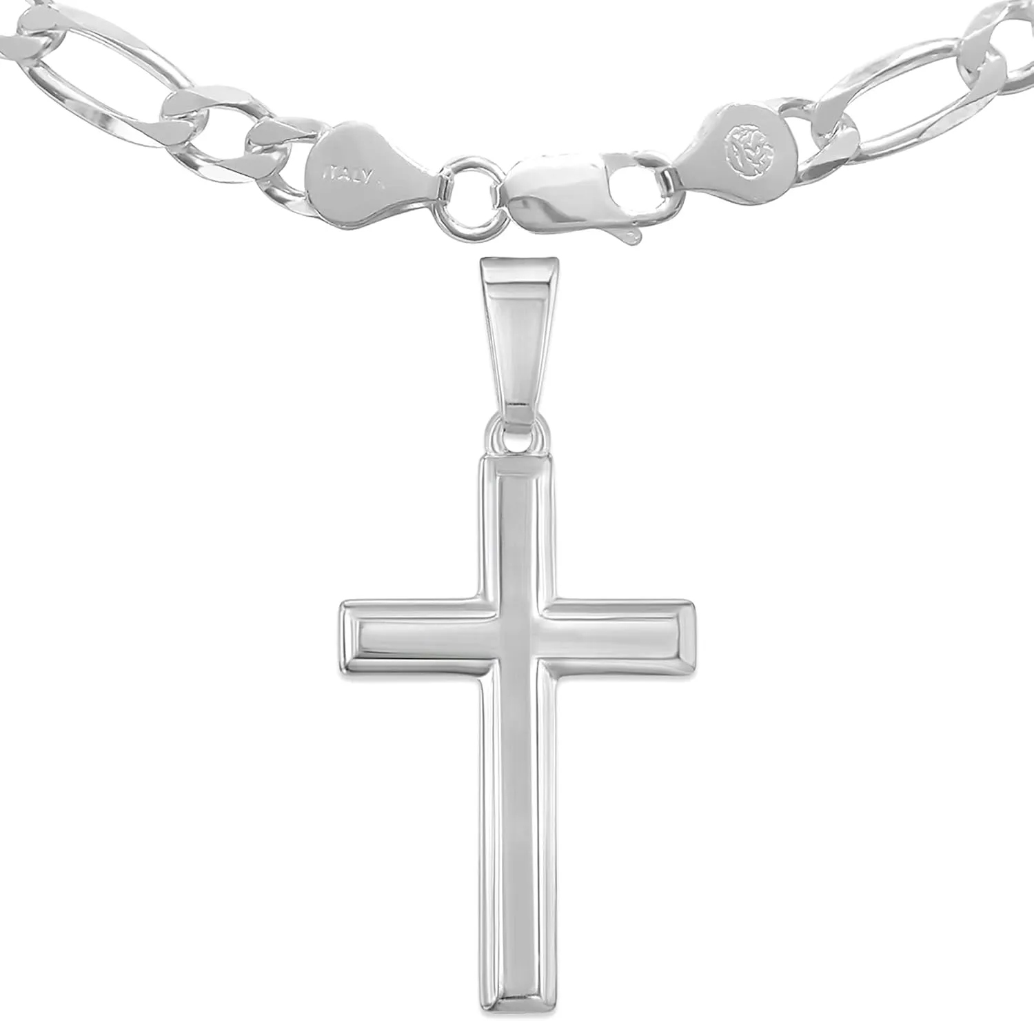 Mens Sterling Silver Traditional Cross Pendant with Italian Figaro Chain Necklace