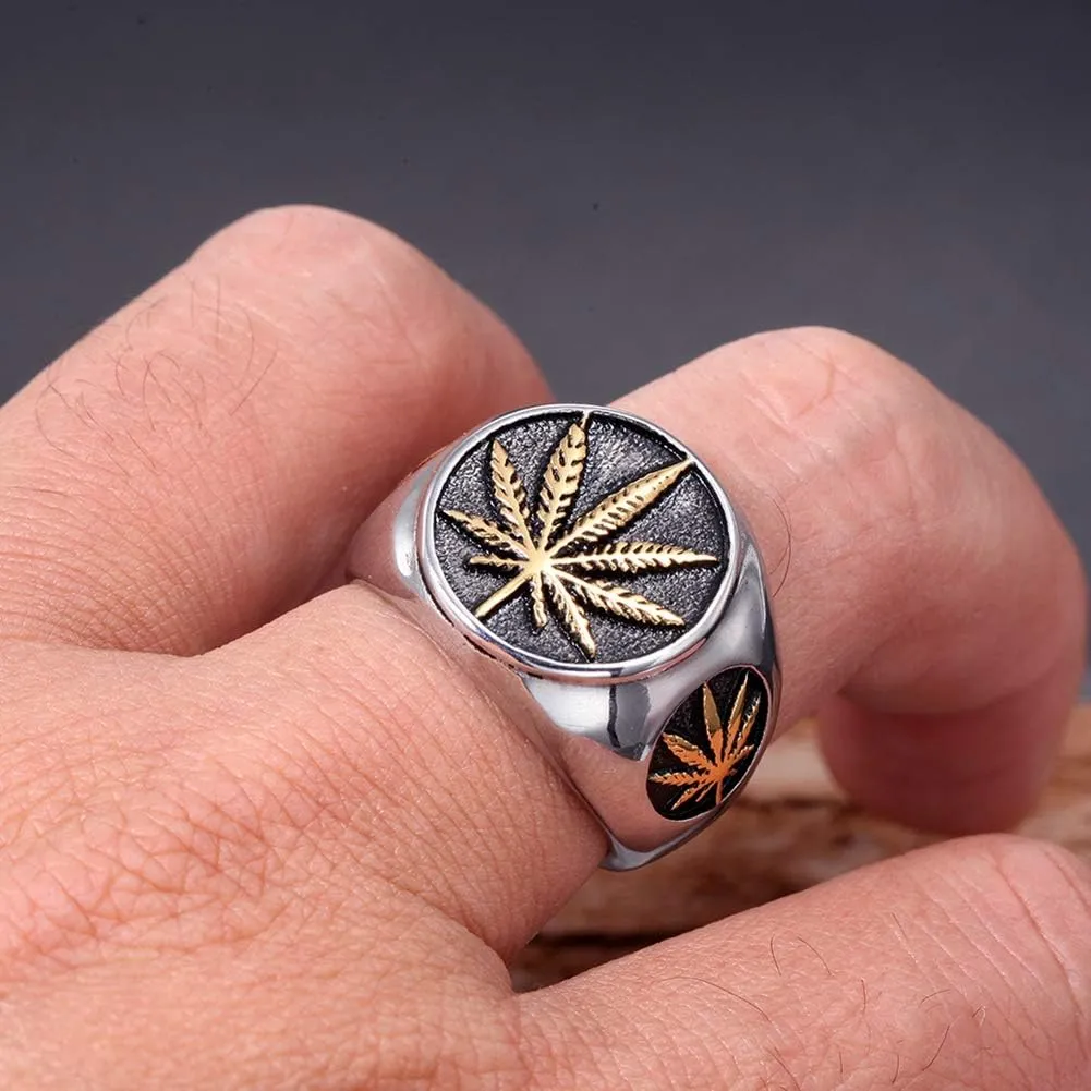 Men's Vintage Stainless Steel Ring Weed Marijuana Cannabis Leaf Symbol Rock Punk Hip-hop Jewelry Size 7-15