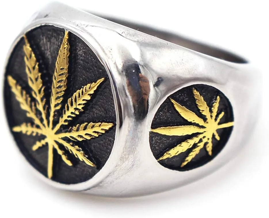Men's Vintage Stainless Steel Ring Weed Marijuana Cannabis Leaf Symbol Rock Punk Hip-hop Jewelry Size 7-15