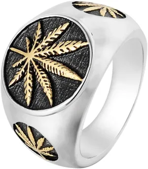 Men's Vintage Stainless Steel Ring Weed Marijuana Cannabis Leaf Symbol Rock Punk Hip-hop Jewelry Size 7-15