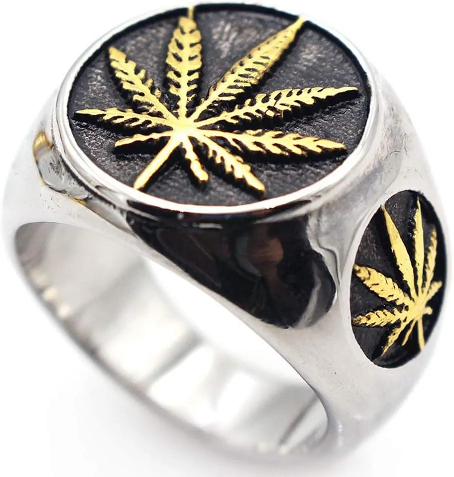 Men's Vintage Stainless Steel Ring Weed Marijuana Cannabis Leaf Symbol Rock Punk Hip-hop Jewelry Size 7-15
