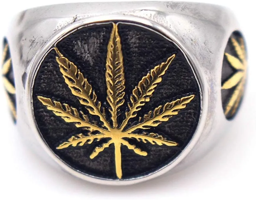 Men's Vintage Stainless Steel Ring Weed Marijuana Cannabis Leaf Symbol Rock Punk Hip-hop Jewelry Size 7-15