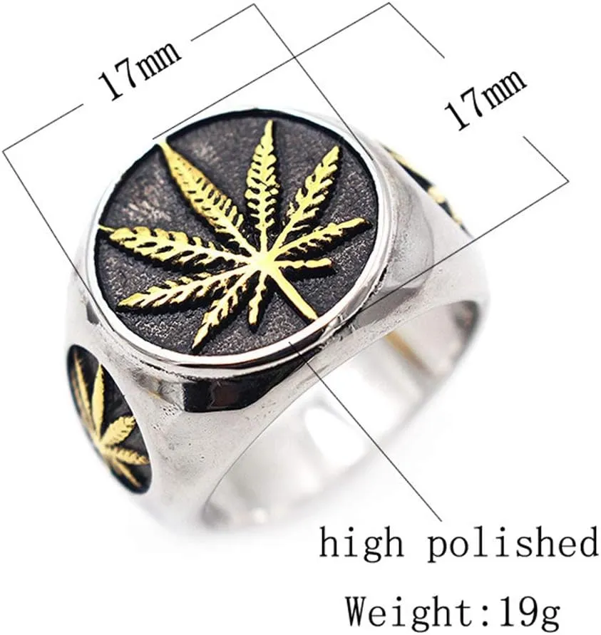 Men's Vintage Stainless Steel Ring Weed Marijuana Cannabis Leaf Symbol Rock Punk Hip-hop Jewelry Size 7-15
