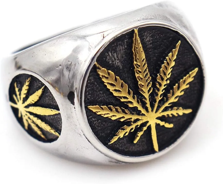 Men's Vintage Stainless Steel Ring Weed Marijuana Cannabis Leaf Symbol Rock Punk Hip-hop Jewelry Size 7-15