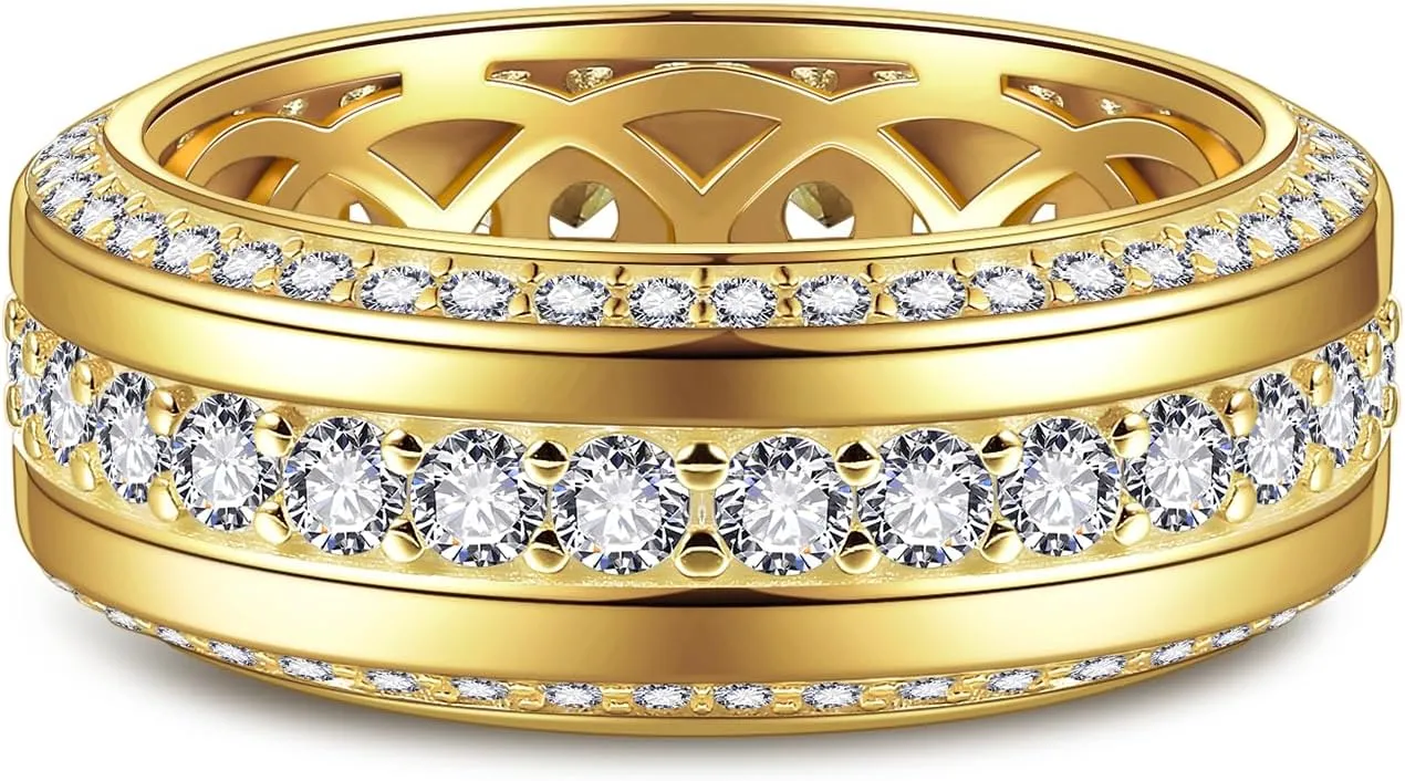 Men's Wedding Band 14K Gold/White Gold Plating Engagement Rings with 3 Row Classic 2.94CT Round Cut Cubic Zirconia 9mm Width Mens Copper Wedding Ring Gemstone Custom Size 8 to 12