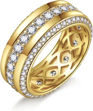 Men's Wedding Band 14K Gold/White Gold Plating Engagement Rings with 3 Row Classic 2.94CT Round Cut Cubic Zirconia 9mm Width Mens Copper Wedding Ring Gemstone Custom Size 8 to 12