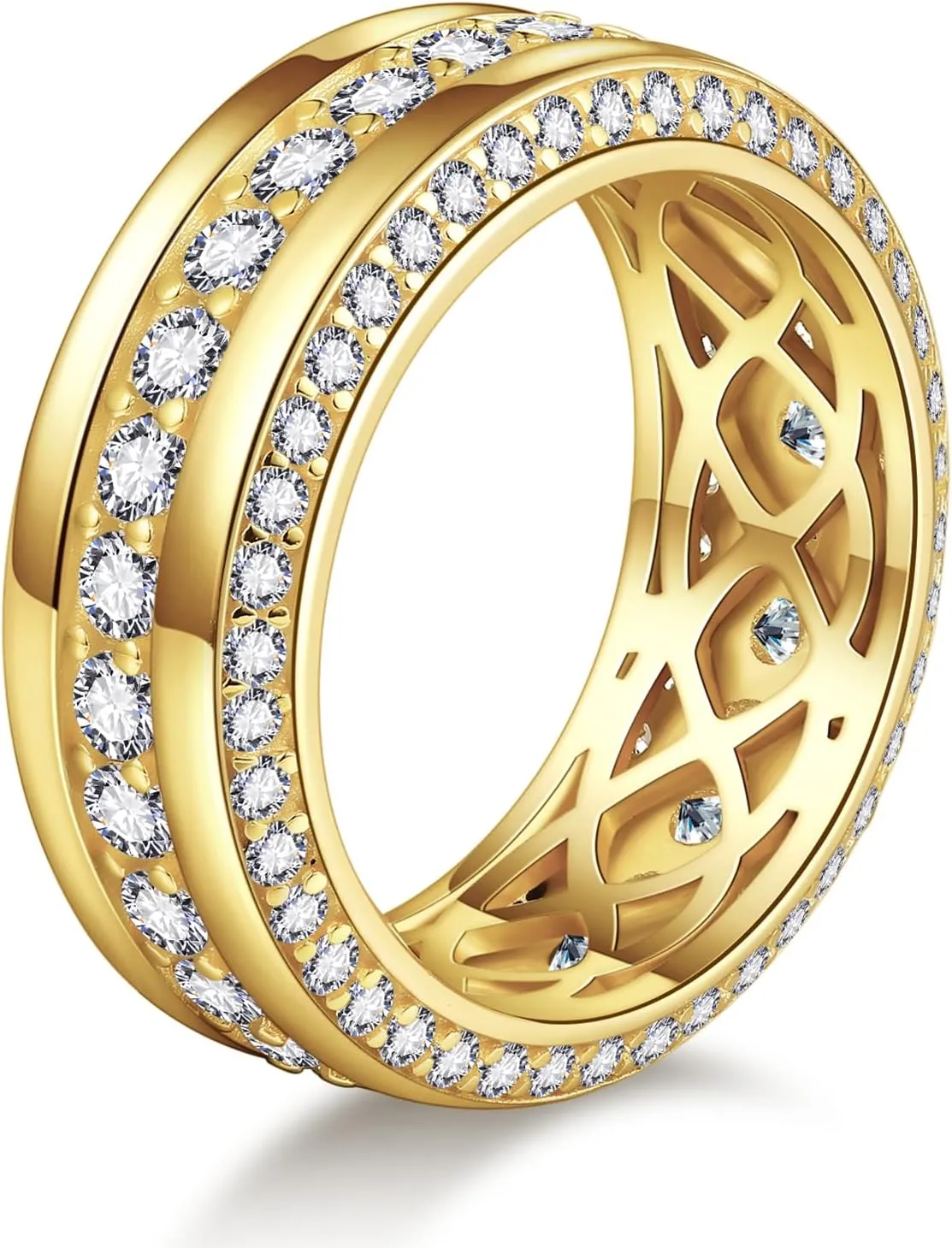 Men's Wedding Band 14K Gold/White Gold Plating Engagement Rings with 3 Row Classic 2.94CT Round Cut Cubic Zirconia 9mm Width Mens Copper Wedding Ring Gemstone Custom Size 8 to 12
