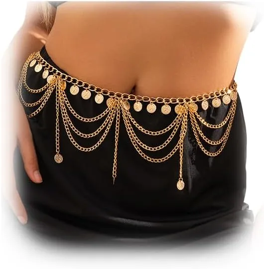Metal Link Chain Belly Belt,Silver/Gold Multi-layered Tassel Waist Chain Belt,Outfit Dress Jean Pants Coin Pendant Waist Belt for Women