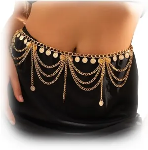 Metal Link Chain Belly Belt,Silver/Gold Multi-layered Tassel Waist Chain Belt,Outfit Dress Jean Pants Coin Pendant Waist Belt for Women