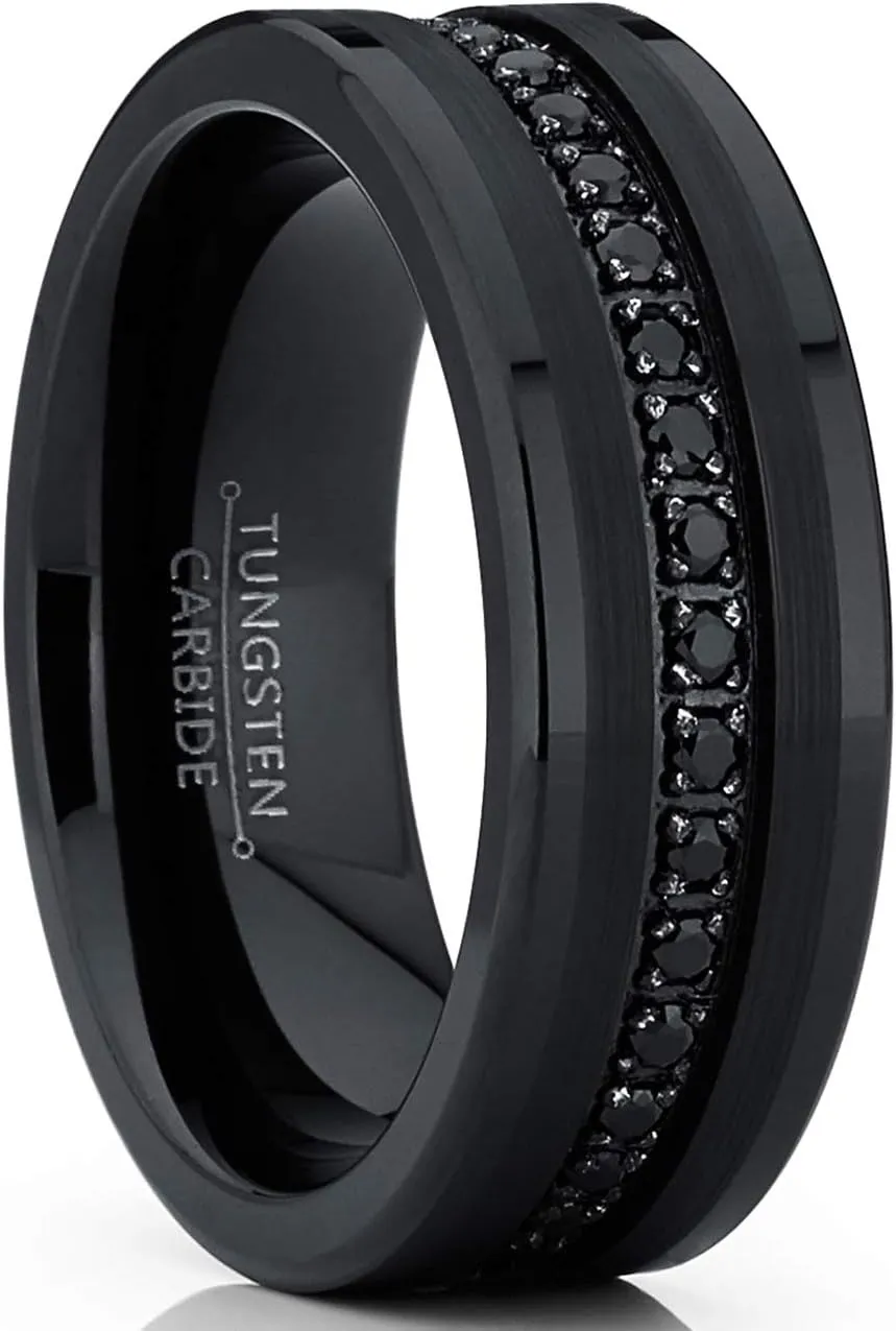 Metal Masters Co. Tungsten Carbide Black Wedding Band Eternity Ring, Cubic Zirconia Inlay Comfort Fit