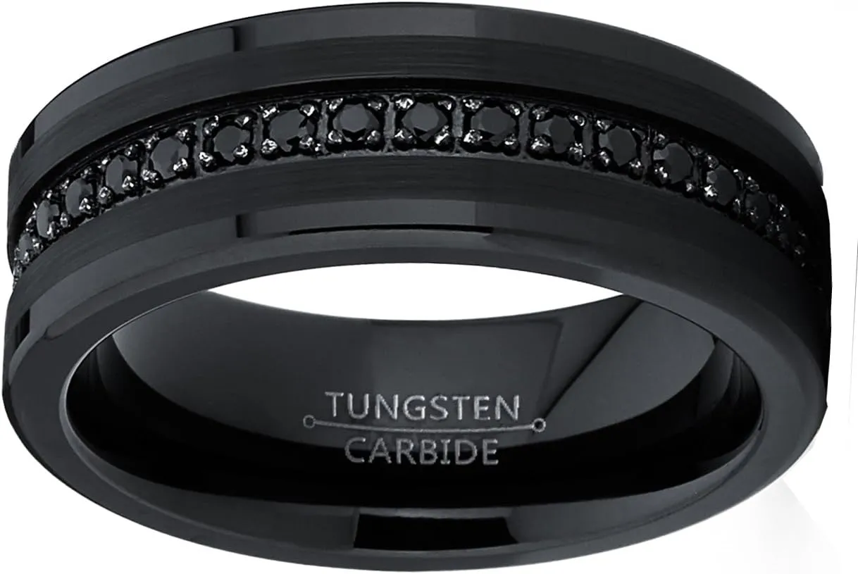 Metal Masters Co. Tungsten Carbide Black Wedding Band Eternity Ring, Cubic Zirconia Inlay Comfort Fit