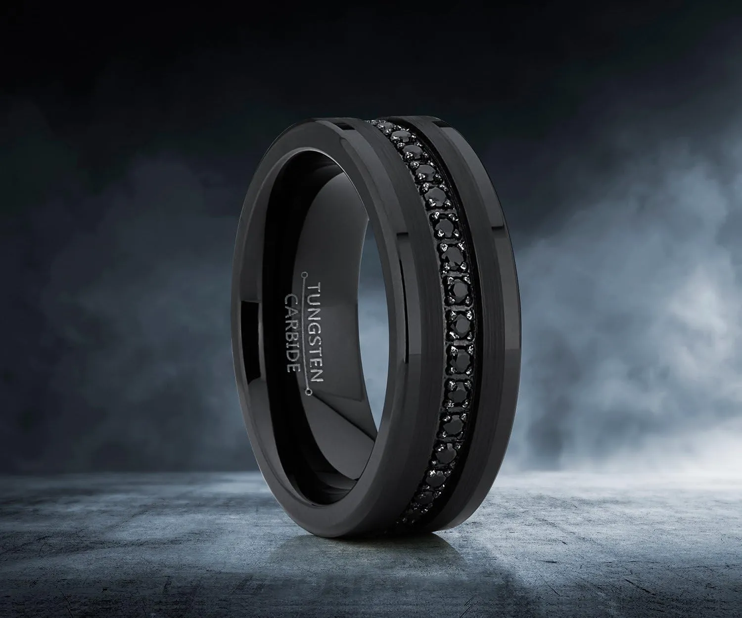 Metal Masters Co. Tungsten Carbide Black Wedding Band Eternity Ring, Cubic Zirconia Inlay Comfort Fit
